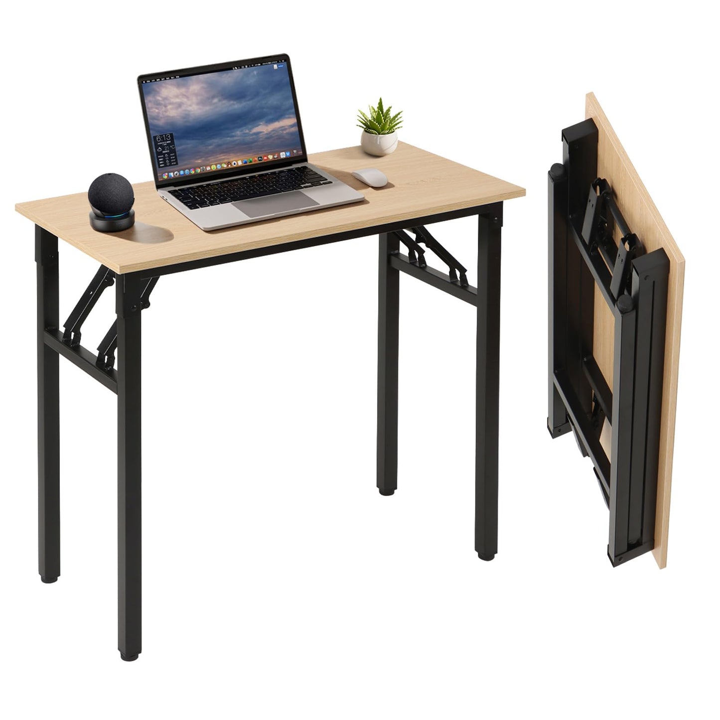 Panana Small Foldable Computer Desk, 31.5 inch Folding Home Office Desk for Small Spaces, Modern Simple Style for Home, Office, Study, Writing, No Assembly Required (Natural Wood, 31.5" x 15.7")