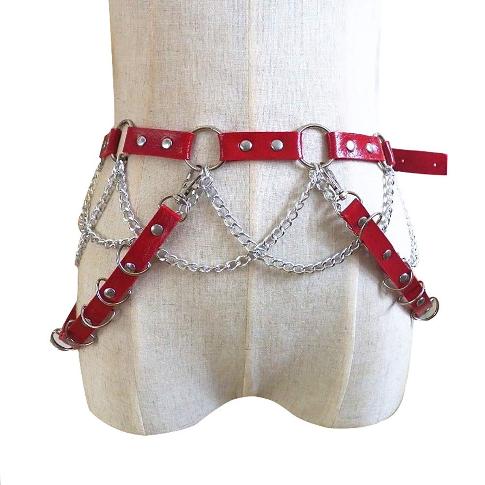 Punk Women Red Leather Harness Garter Belt Adjustable Waist Leg Body Chain Caged with Metal Tassel for Dress Rave Club Party