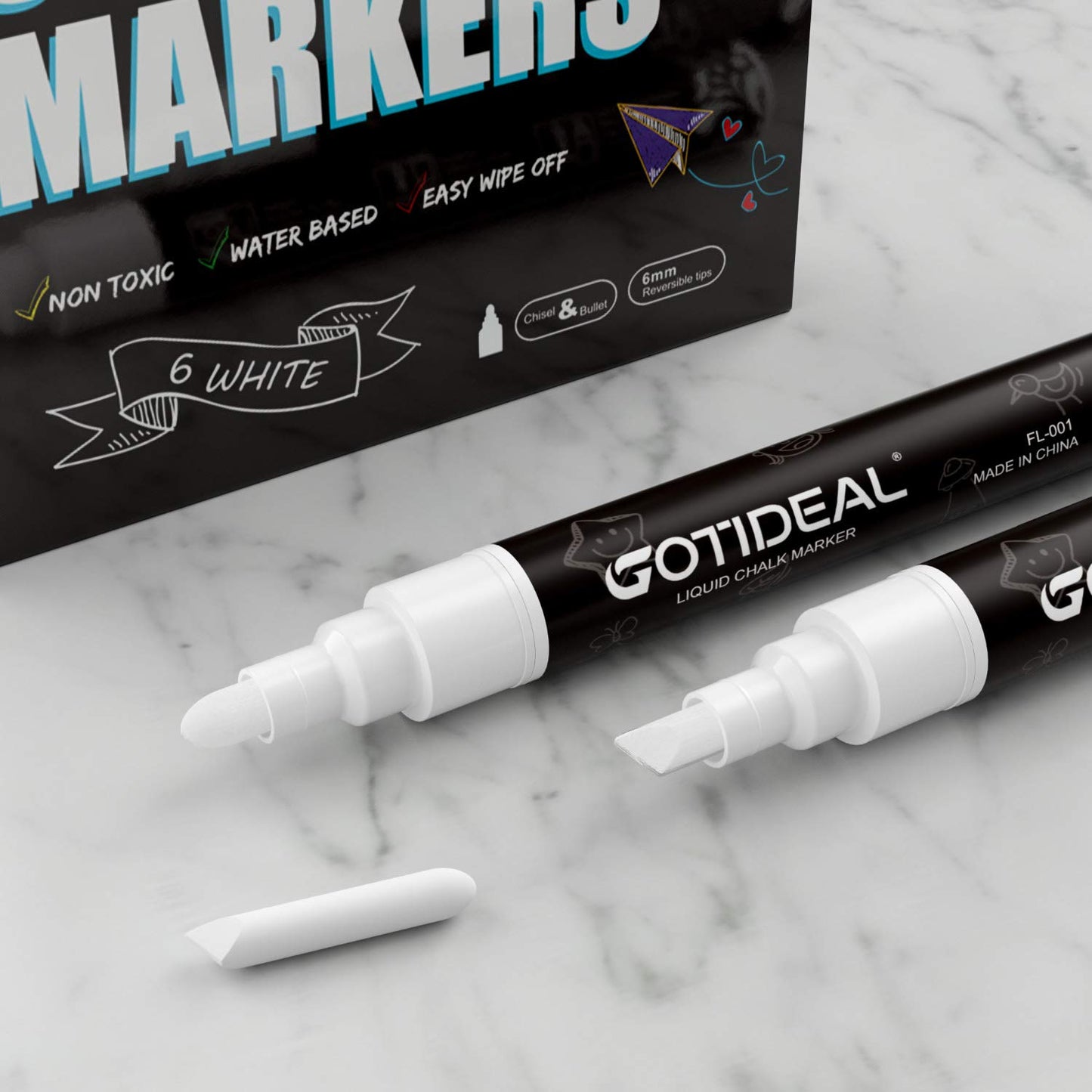 GOTIDEAL White Liquid Chalk Markers, 12 Pack Chalkboard Markers, Chalk Pens for Car Windows, Signs, Blackboard, Glass Painting, Erasable 6mm Reversible Chisel & Bullet Tip