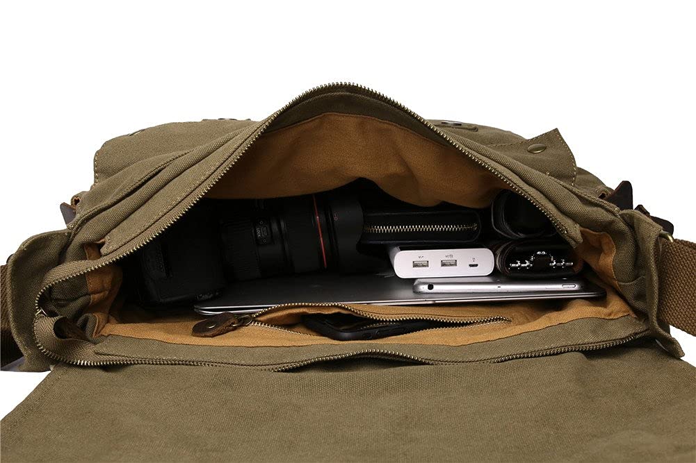 Sechunk Vintage Military Leather Canvas Laptop Bag Messenger Bags