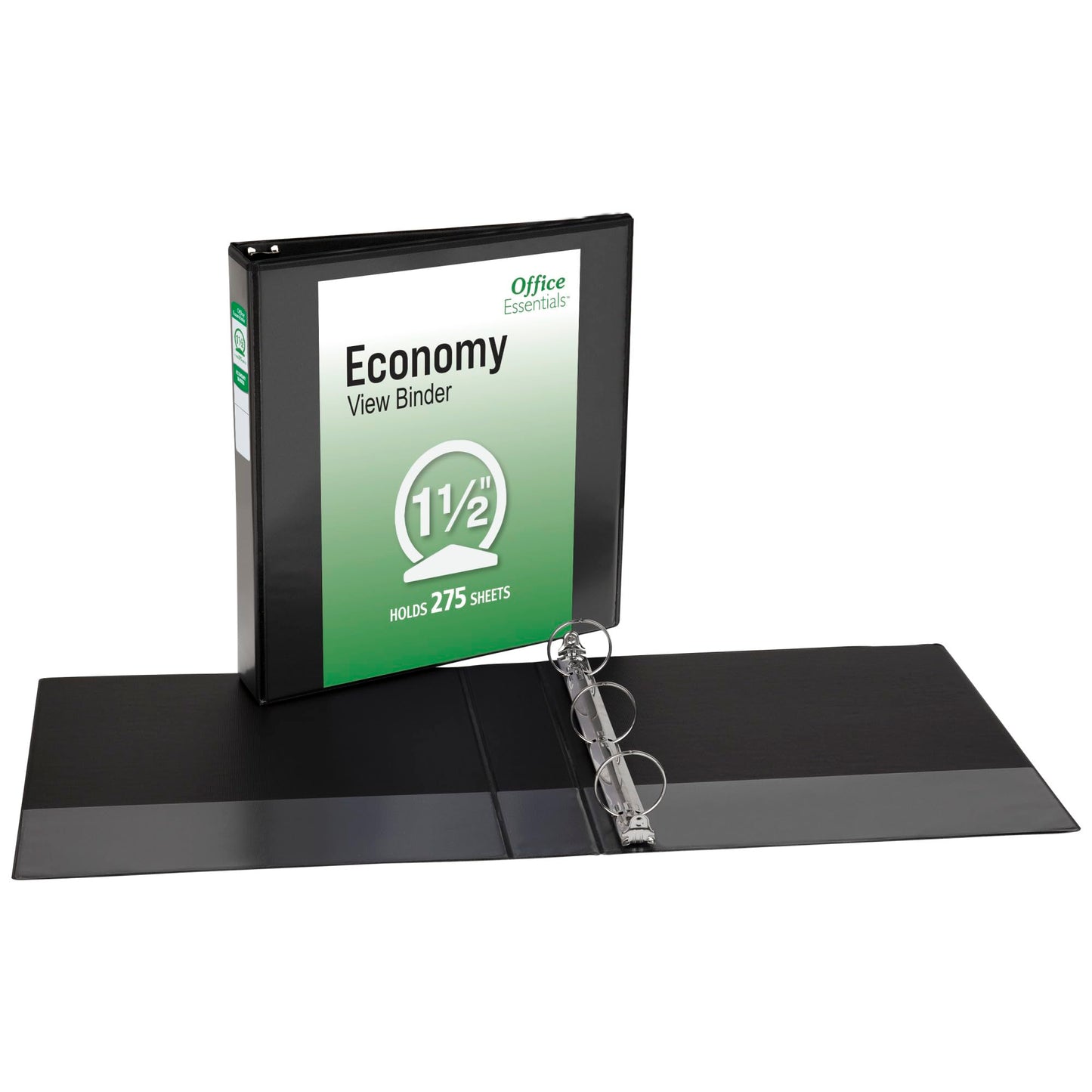 Office Essentials Economy View 3 Ring Binders, 1.5" Round Rings, 2.1" Spine, 275-Sheet Capacity, Black Binders (4-Pack of 03129)