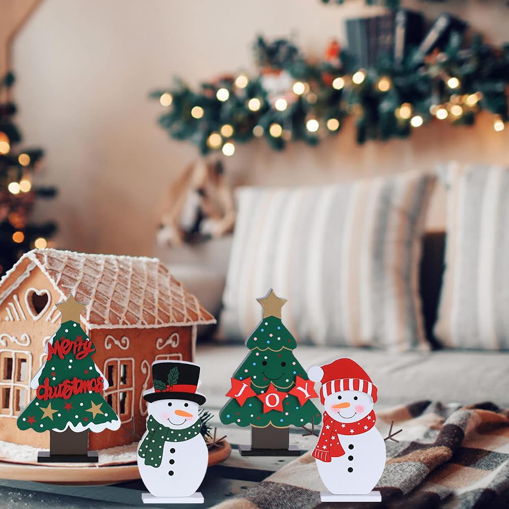 DECSPAS Christmas Decorations Indoor, 4 PCS Wood Christmas Trees & Snowmen for Centerpiece Table Decorations, Wooden Tiered Tray for Xmas Decor, Home, Winter, Tabletop, Mantel, Shelf, Gifts