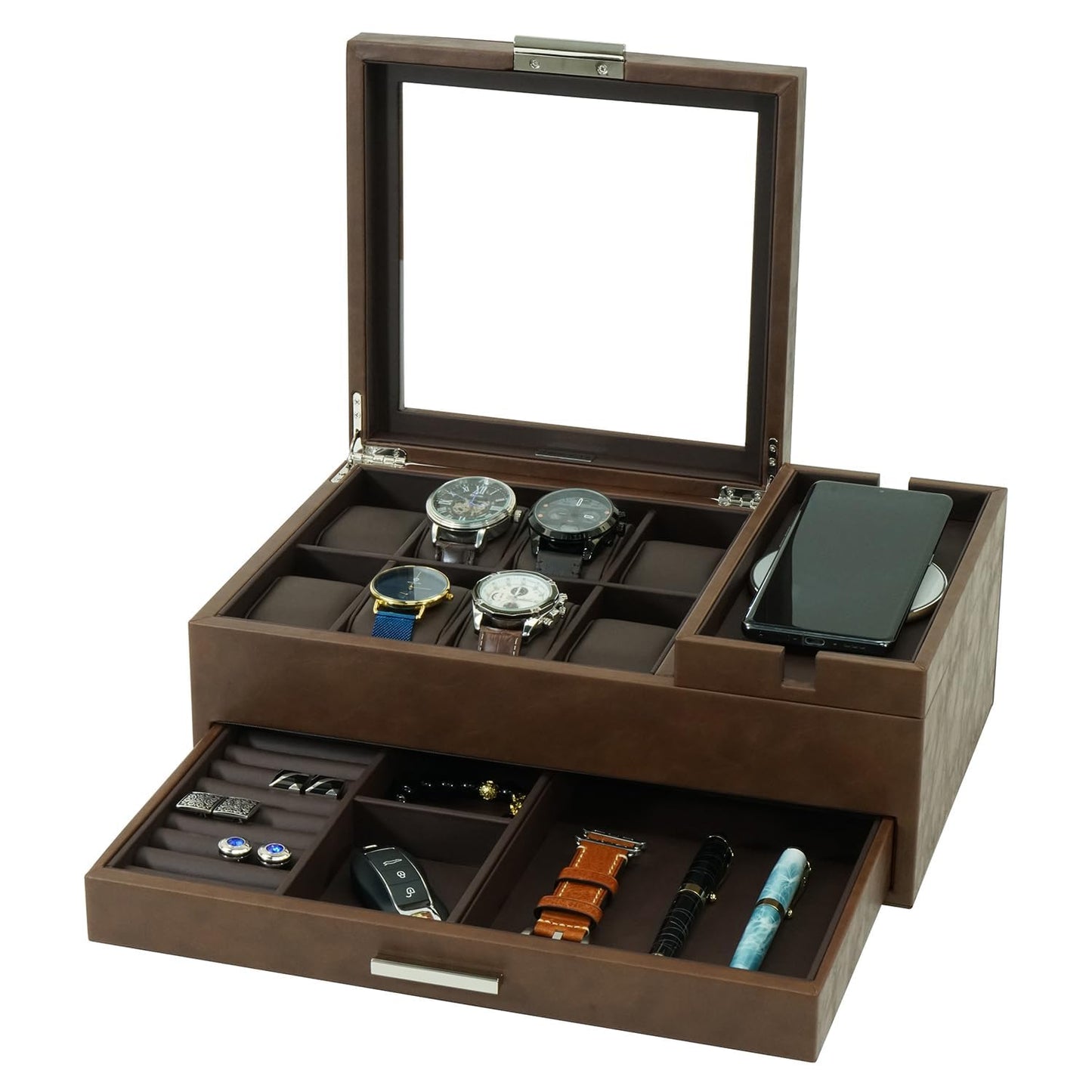 Lifomenz Co Men's Jewelry Box Organizer with Charging Station & Drawer - Premium Valet Tray for Watch, Phone, Wallet Storage - Brown