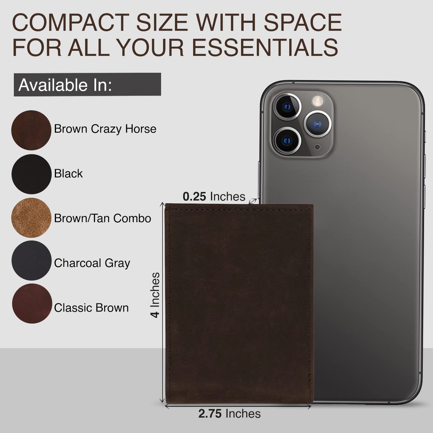 NKPT Slim Leather Credit Card Holder Wallet for Men | Full-Grain Leather, RFID Blocking, 6 Card Slots | Charcoal Gray