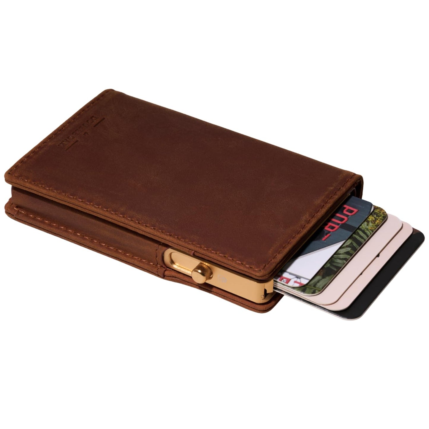Double Oak Essentials Pop-Up Cardholder - RFID Blocking Minimalist Leather Wallet for Men - Slim Design, Top-Grain Leather, Holds Cards & Cash (Brown w/Gold Cardholder)