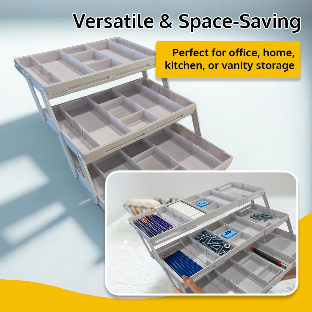 3 Tier Drawer Organizer, Multi Level Smart Drawer Organizer for Desk, Expandable Organizer for Office, Makeup, Jewelry, Kitchen, Folding Storage for Home and Office Drawers & Craft Organizer – White