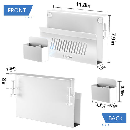 Litwaro Desk Side Storage, No Drill Laptop Holder with Magnetic Pen Holder, Under Desk Laptop Mount with Sticky Headphone Holder, Hanging Desks Organizer Fits Flat Edges 0.4" to 2" (White)