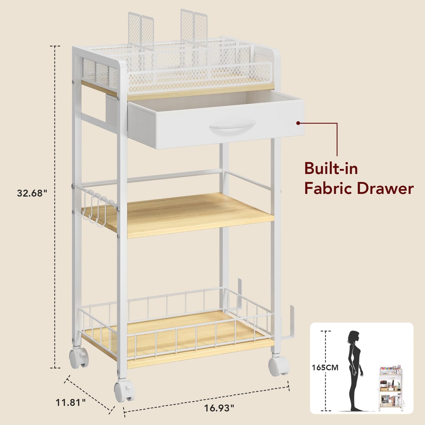 Homsorout 3 Tier Rolling Cart - Metal Utility Cart with Storage Drawer and Wheels, Versatile Art & Craft Organizer for Home, Office, or Studio Ideal for Storing Brushes, Paints, and Supplies White