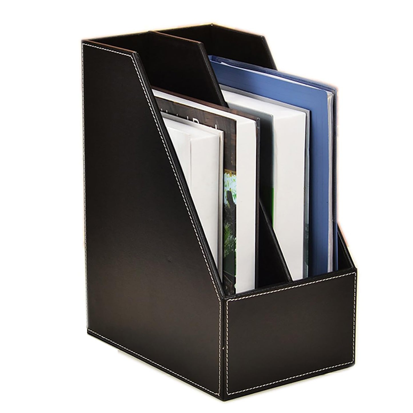 Vertical Style,Leather Magazine Holder Office Desk Organizer File Document Tray Box Bookends Book Stand (Black (2 Slot))