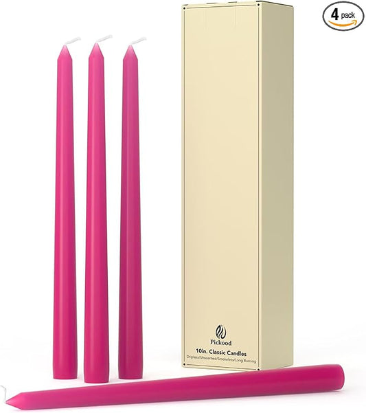 10-Inch Tall Dripless Taper Candles Set of 4 - Hot Pink Tapered Candles, Perfect for Spring - Smokeless, Unscented, Long Burning - Hand Poured, Colored Tall Candlesticks - neon Pink