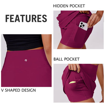 PINSPARK Women Tennis Skirts High Waisted Athletic Skorts Quick Dry Golf Skirt Lightweight Workout Skort with Pockets Shorts, Berry Red Large