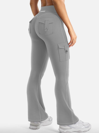 YEOREO CoreFlex Women Workout Flare Leggings with Pockets Scrunch Cargo Gym Yoga Leggings Light Gray XS