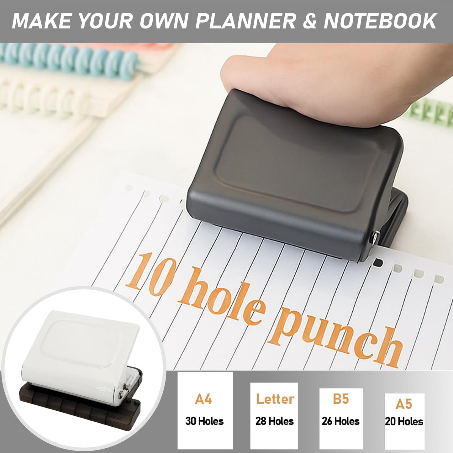 10 Hole Punch Binding Machine Kit for Planner (White) with 10 Multi-Color Spiral Coils, Adjustable A4 A5 B5 Paper Puncher, DIY Notebook Scrapbook Maker for Home Office School Organization