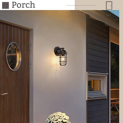 Emliviar Farmhouse Outdoor Wall Light for House Porch, Vintage Exterior Wall Lantern, Industrial Nautical Metal Cage with Clear Tempered Glass, Oil Rubbed Bronze Finish, GE255B ORB