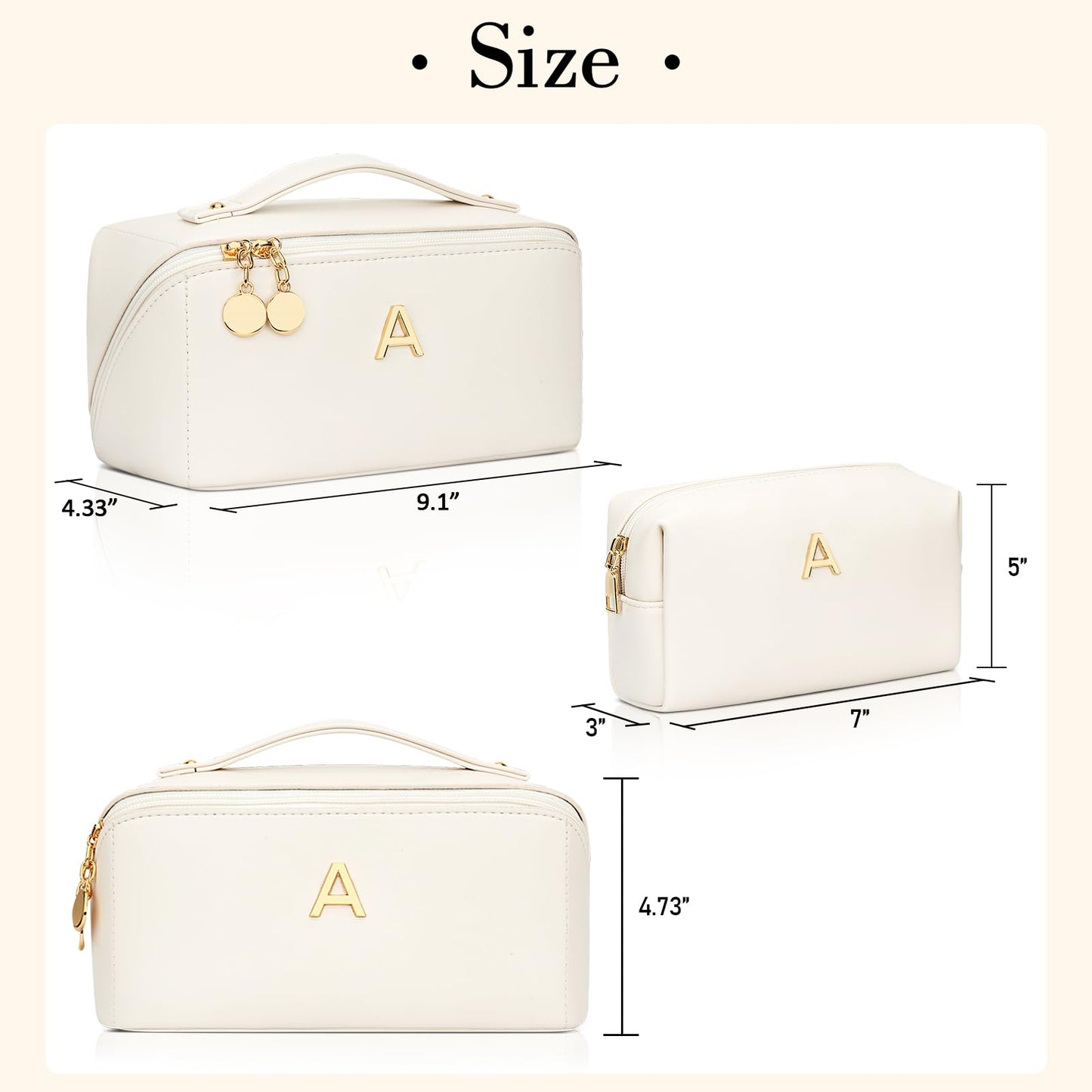 CLOUDWINGS Birthday Gifts for Women Teen Girl, Personalized Initial Makeup Organizer Bag Set, Open Flat Travel Cosmetic Bag With Clear Divider and Handle(Beige,A)