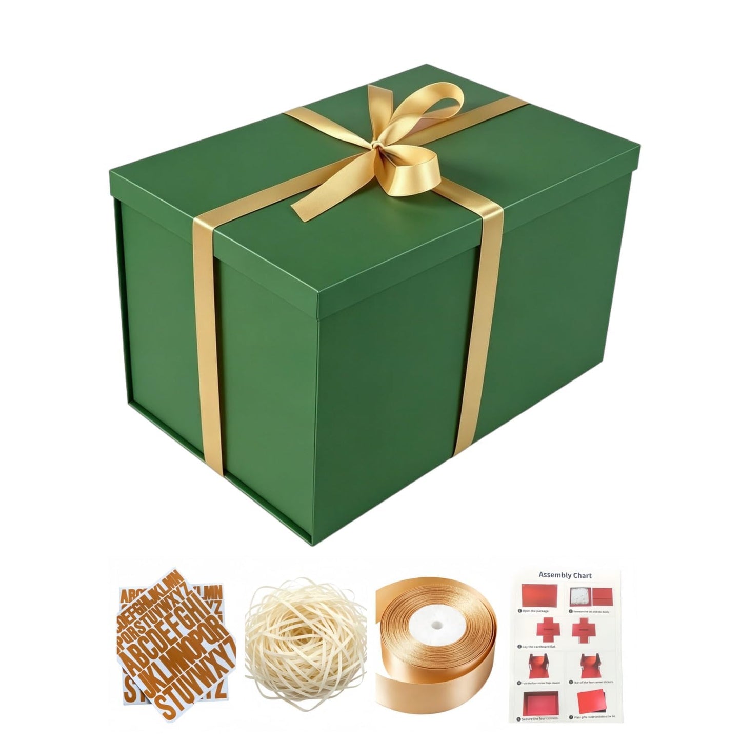 BoxSkivra Extra Large Gift Box 17x11x10.2 Inches，Green Gift Box with Lid for Christmas，Anniversary，Birthday，Luxury Boxes with Crinkle Paper，Ribbon，Alphabet Stickers