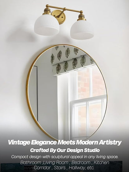 2-Light Gold Wall Sconces,Vintage Bathroom Wall Sconce Light with Milk Glass Double Arm Brass Bathroom Vanity Light for Living Room Bedroom Kitchen E26 Hardwire Indoor