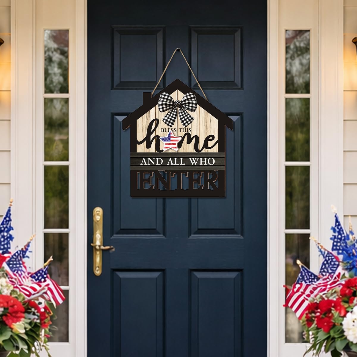 Interchangeable Seasonal Bless This Home Hanging Sign - Farmhouse Front Door Decoration for Spring All Seasons Holidays - Rustic House Shape Wood Sign with 12 Icons