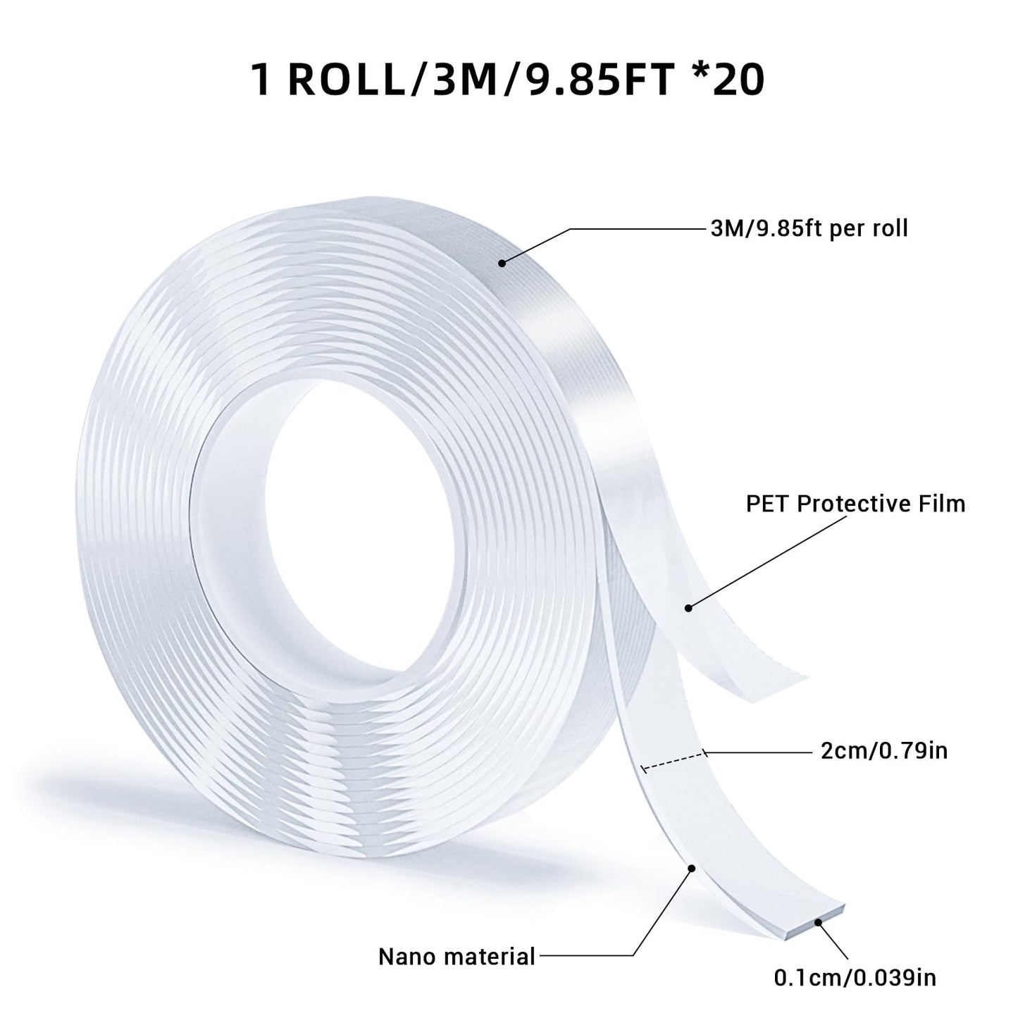 SUTOUG 20 Rolls Double Sided Tape, Nano Tape, Transparent Adhesive Tape, Traceless Adhesive Tape, Removable, Washable, Reusable, Suitable for Carpets, Photo Walls, 9.85 Feet Per Roll