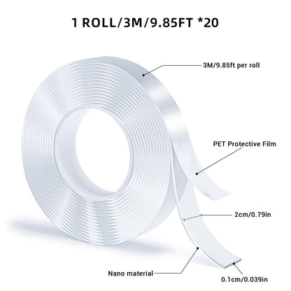 SUTOUG 20 Rolls Double Sided Tape, Nano Tape, Transparent Adhesive Tape, Traceless Adhesive Tape, Removable, Washable, Reusable, Suitable for Carpets, Photo Walls, 9.85 Feet Per Roll