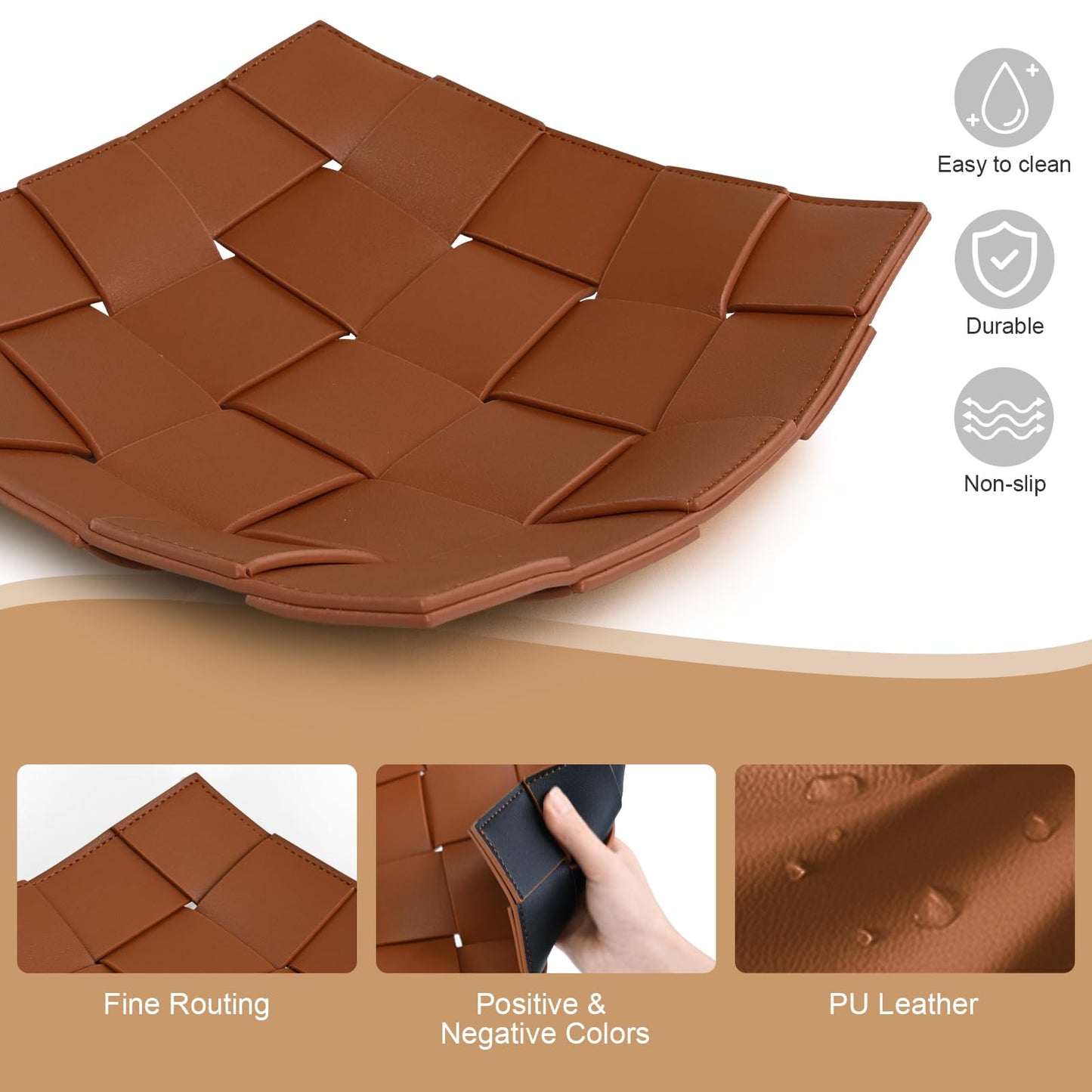 Valet Tray PU Leather Key Holder Bowl for Men Entryway Table Nightstand Desk Tray for Wallet, Keys Men's Gift - Brown & Black, 9.8" L x 9.8" W x 2" H