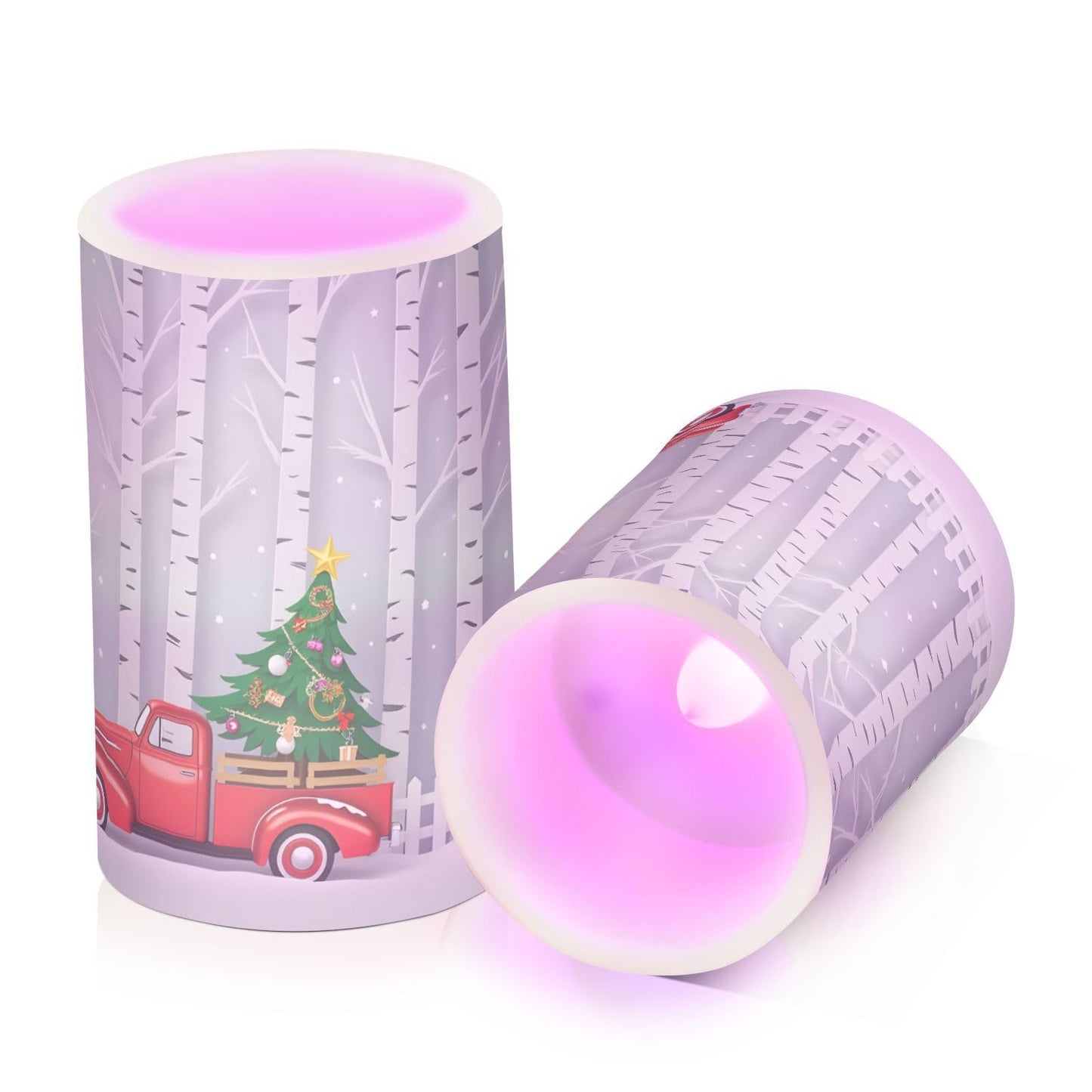 Winter Season with Red Truck Carry Christmas Tree Flickering Flameless Candles Battery Operated with Remote Timer,Tea Light Candles LED Pillar Votive Candles set of 2 for Outdoor Indoor Decorations