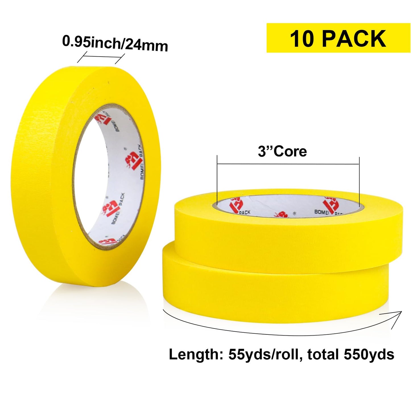 BOMEI PACK Yellow Painters Tape 1 Inch Bulk - Paint Tape 10 Rolls x 1 Inch x 55 Yards - Painter's Tape Yellow Masking Tape for Walls Painting, DIY Crafting, and School Projects, Total 550 Yards