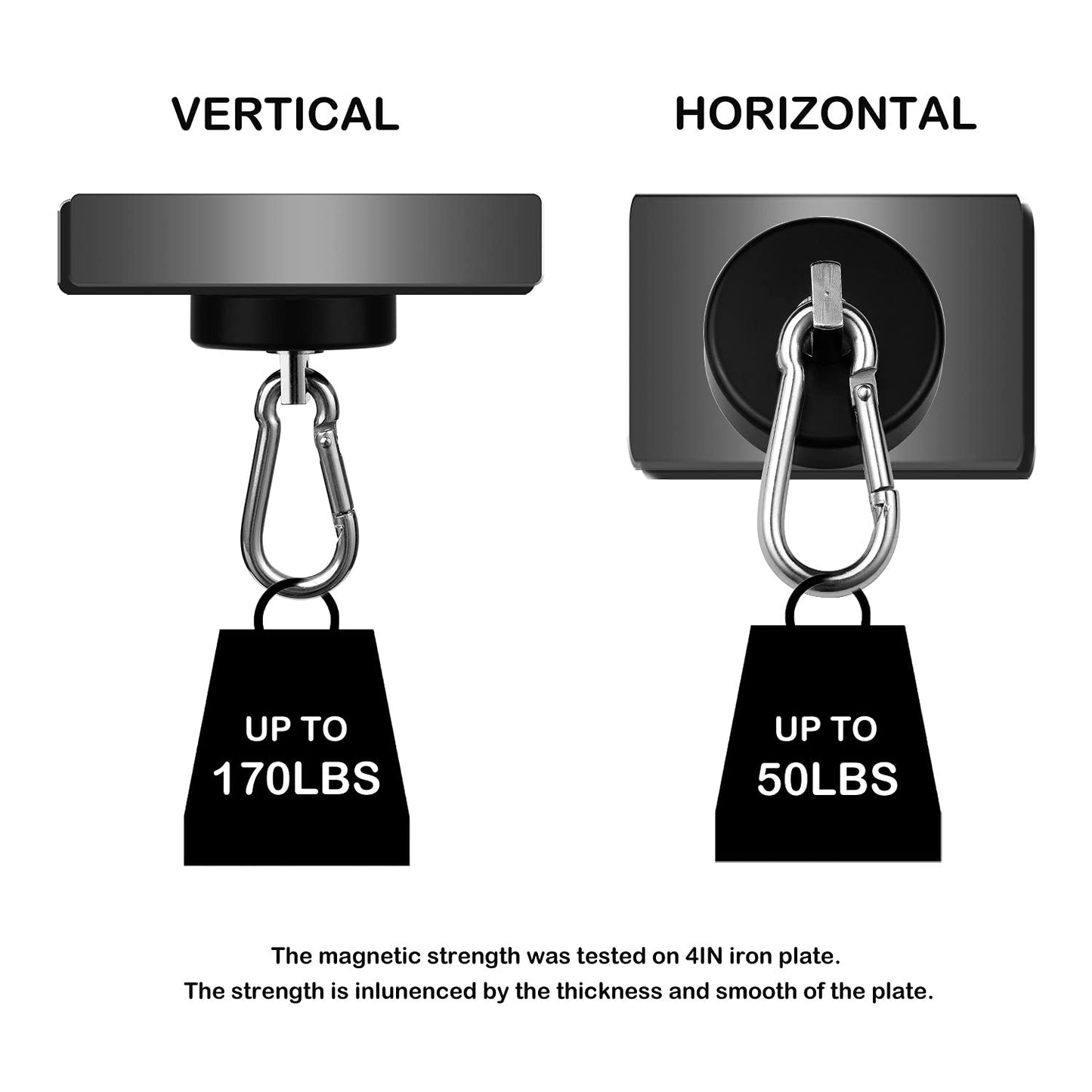 WELLZEER Magnetic Hooks 170lbs Heavy Duty Black Magnet Hooks with Swiveling Carabiner for Hanging Refrigerator Strong Large Neodymium Magnet (170LBS-2PACK-BLACK)