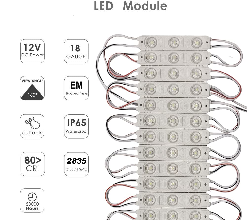 AOOYUANKE Storefront Light 100PCS LED Module for Signs White 6500K 1.2W 12V DC 2835 SMD 3 LED Window Light Waterproof for Letter Advertising Sign Decor(White Light,Power Supply NOT Included)