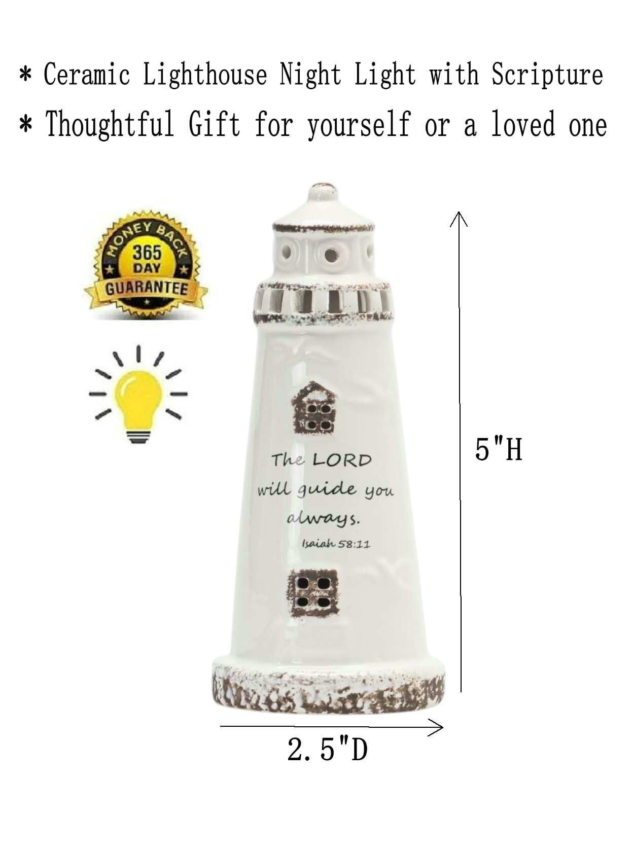 DAILYBREAD Christian Lighthouse Lamp – Small Ceramic Night Light with Bible Verse, Inspirational Faith Gift for Kids, Students,Baptism,Birthday,Journey,Warm Light Up Decor for Bed Room or Desk 5" H