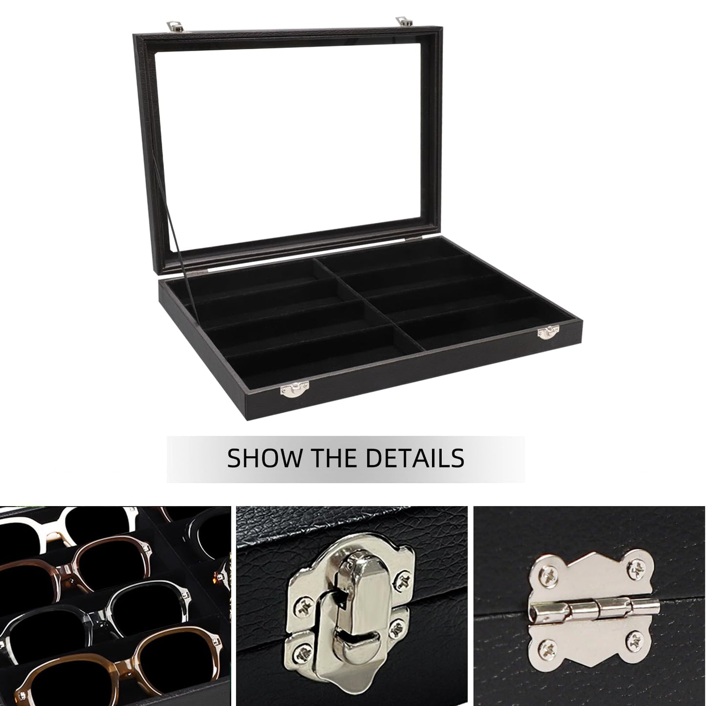 Wudygirl Jewelry and Sunglass Organizer - 8 Slot Storage With Clear Lid, Leather Eyeglasses Display for Women and Men (8 Grid)