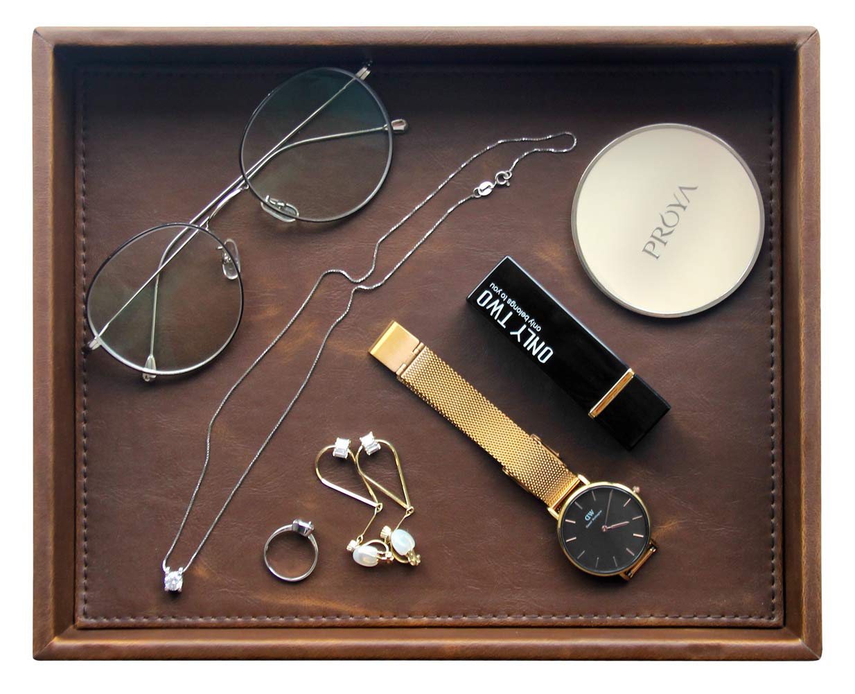 Vixdonos Leather Valet Tray Rectangular Catchall Tray Counter Organizer for Key,Jewelry,Perfume,Glasses and Watches(Brown)