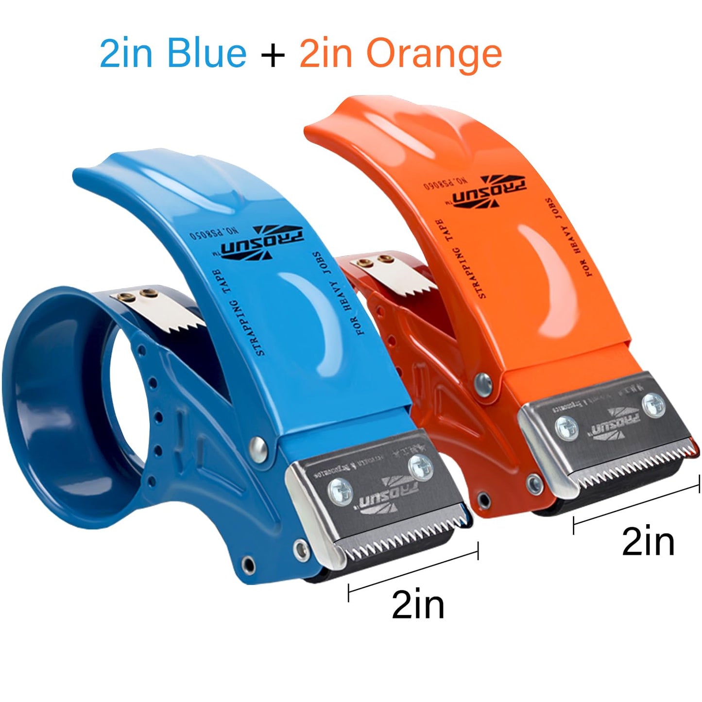 PROSUN 2 Pack Metal Packing Tape Dispenser Gun:2-inch Wide Tape Dispenser / 3-Inch Inner Paper Core(2" Blue + 2" Orange)