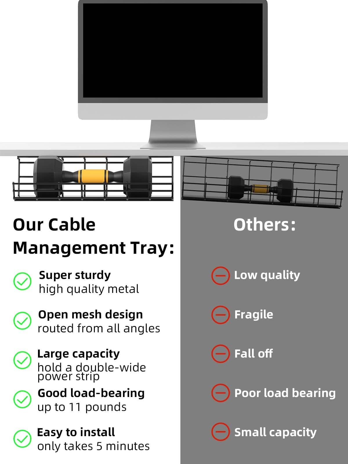 2 Pack DELAMU Under Desk Cable Management Tray, Large Metal Cord Organizer, Office & Home Cord Wire Management Under Desk Shelf, Easy Install Pre-drilled Cable Organizer, Black