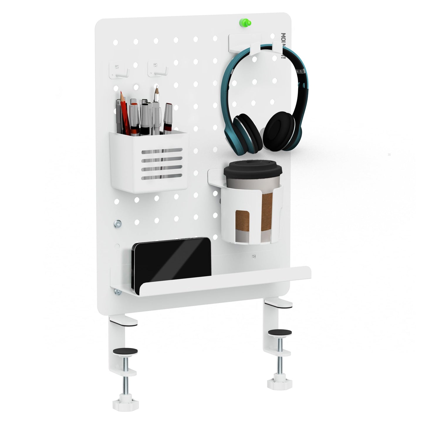 Mount-It! Clamp-On Pegboard Organizer | Adaptable Desk Storage for Home Office, Gaming & Crafting | Easily Organize Essentials with Shelf, Cup Holder & Hooks (White)