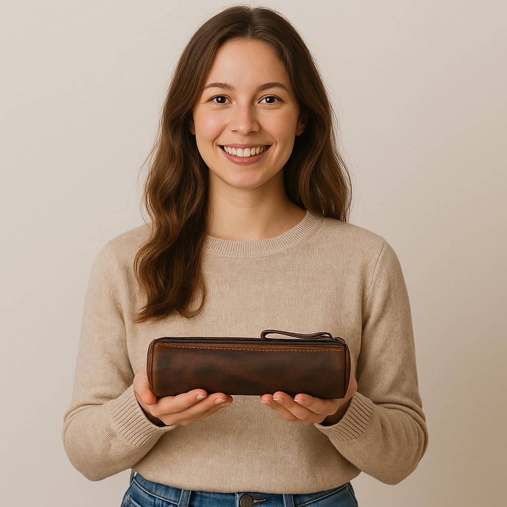 CestAntiQ Round Leather Zipper Pencil Case – Full Grain Handmade Pen, Marker & Sketch Pouch, Compact Tube-Shaped Organizer for Office & Travel, Premium Small Tool Holder for Adults – Brown