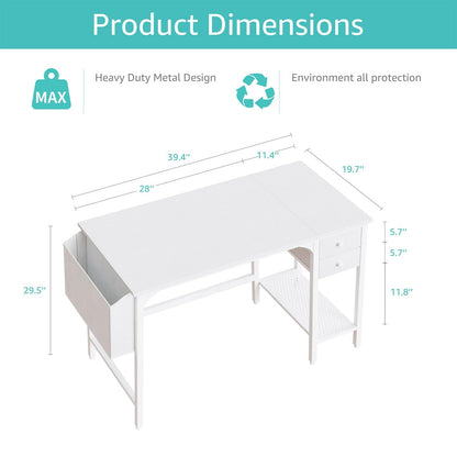 Lufeiya White Small Desk with Drawers - 40 Inch Computer Desk for Small Space Home Office, Modern Simple Study Writing Table PC Desks