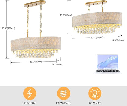 6-Lights Oval Capiz Shell Crystal Linear Chandeliers, Coastal Design Light Fixture for Dining Room, Kitchen Island, L32xW12xH19~65 Inch(Adjustable), Shell Lampshade & Brass Finish