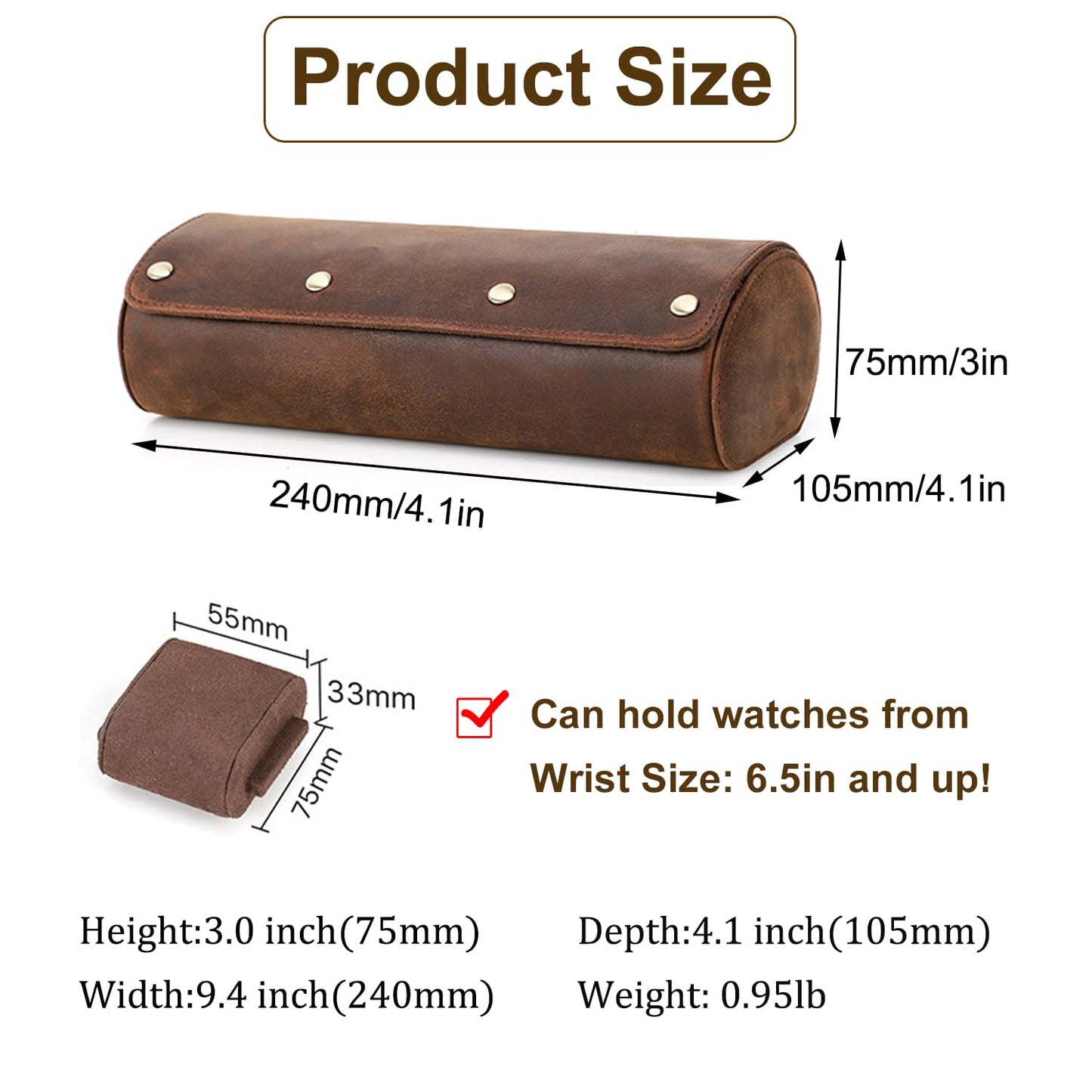 Acidea Genuine Leather Watch Roll Travel Case, Travel Watch Case for Men, Leather 3-Watches Roll Case for Bracelets, Portable Watch Storage Organizer with Removable Pillows