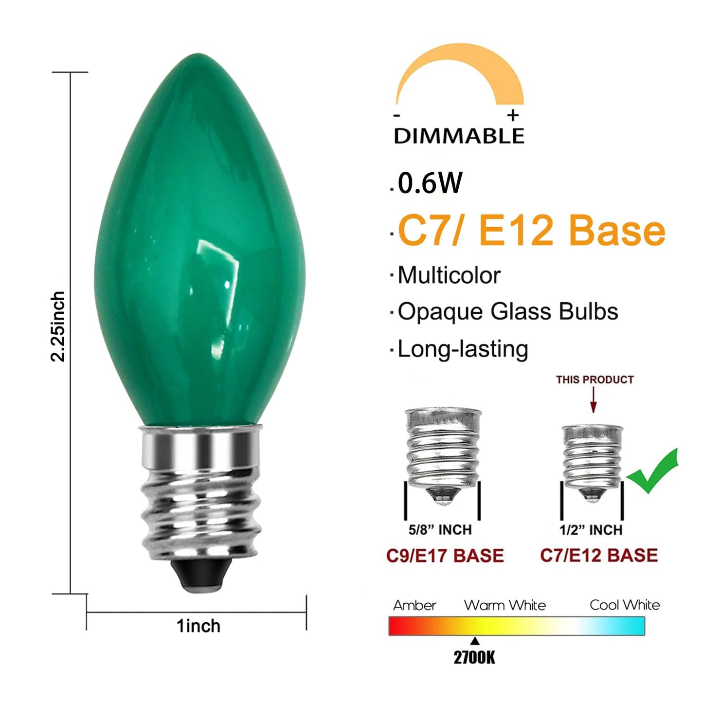 GOOTHY 25 Pack C7 LED Replacement Christmas Light Bulb, C7 Green Replacemen Bulbs for Outdoor String Lights Window Candles Chandeliers Salt Lamp, E12 LED Bulb Dimmable, 0.6W Night Light Bulb -Green