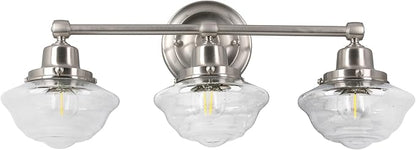 Design House Vintage-Inspired Schoolhouse 3-Light Dimmable Vanity Light, 23.125 in x 7.625 in x 9.5 in, Satin Nickel, Clear Seeded Glass Shades, 589143-SN