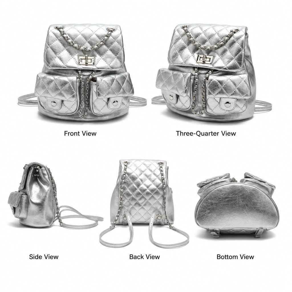 COC.EFRENAR Quilted Mini Backpack for Women, Chain Strap Small Purse with Flap Closure, Fashion Shoulder Bag Cute Travel Daypack(Silver)