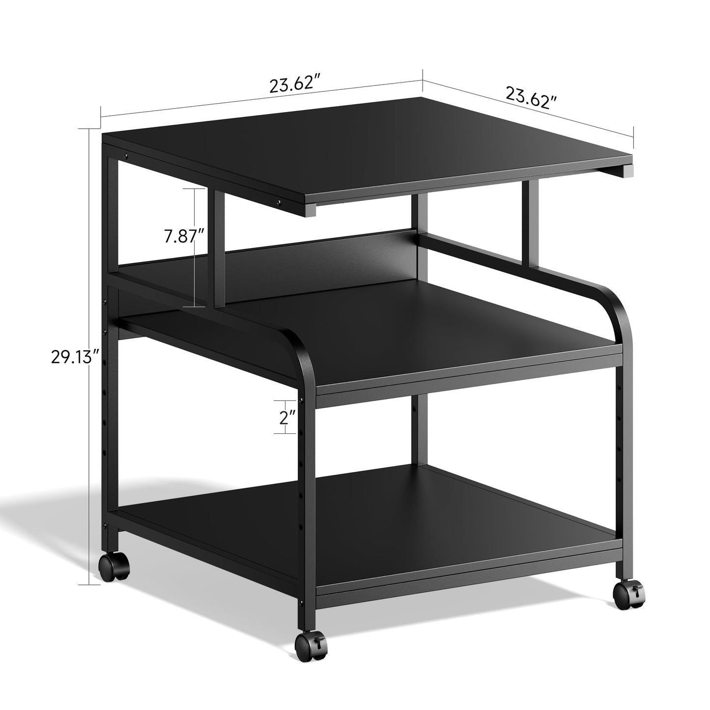 Warmiehomy Printer Stand, 24''×24''×29'' Large Printer Table for Home Office with Locking Casters, Sturdy 3-Tier Rolling Cart with Adjustable Shelf, Mini Fridge Stand, Home Office Essentials, Black