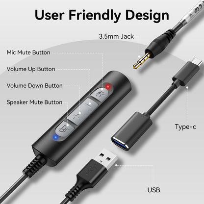 Wantek USB Headset with Microphone for PC, Computer Laptop Headset with Call Answer Button for MS Teams & IP Phones, Lightweight Design & Memory Foam Cushions for All-Day Comfort
