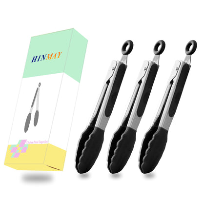 Small Silicone Tongs 7-Inch Mini Serving Tongs, Set of 3 (Black Gray White)