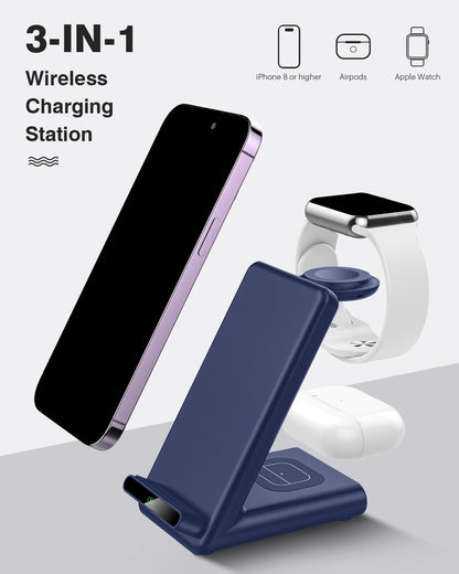 Wireless Charging Station,3 in 1 Charging Stand Made for Apple Watch Ultra 11 10 9 8 7 6 SE 5 4 3,Fast Wireless Charger Made for iPhone 17/Air/16/15/14/13/12,for AirPods Pro(with Adapter) (Black)