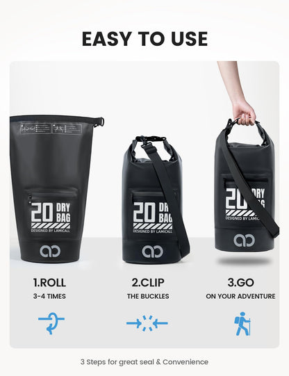 Lamicall Waterproof Dry Bag with Phone Pouch - 5L/10L/20L/30L/40L Floating Roll Top Backpack for Kayaking Boating Beach Camping Fishing - Heavy Duty 500D PVC Marine Dry Sack for Men, Women, Black 10L