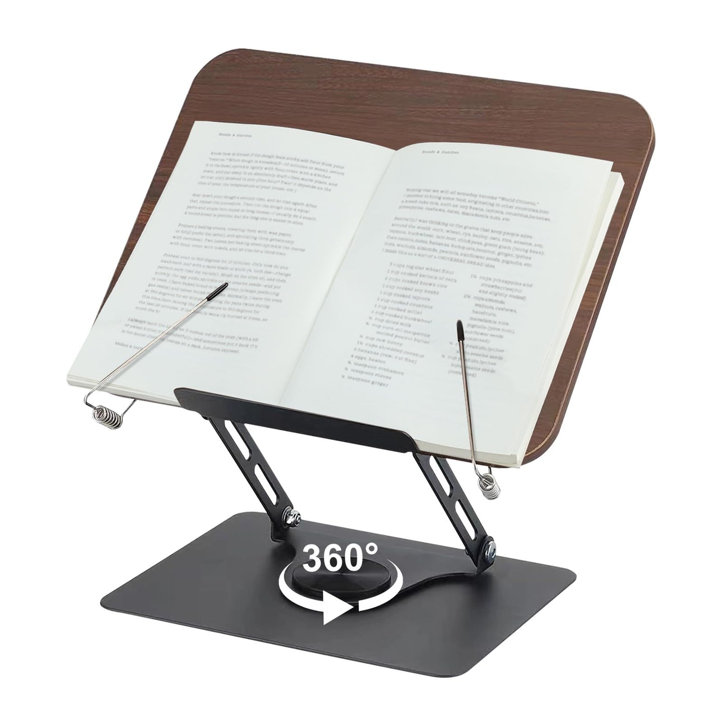 comfoyar Book Stand for Reading, Foldable Textbook Reading Stand with 360° Swivel Base and Elastic Page Clips, Adjustable Desk Cookbook Holder for Recipe Tablet Laptop Music Scores, Hands Free