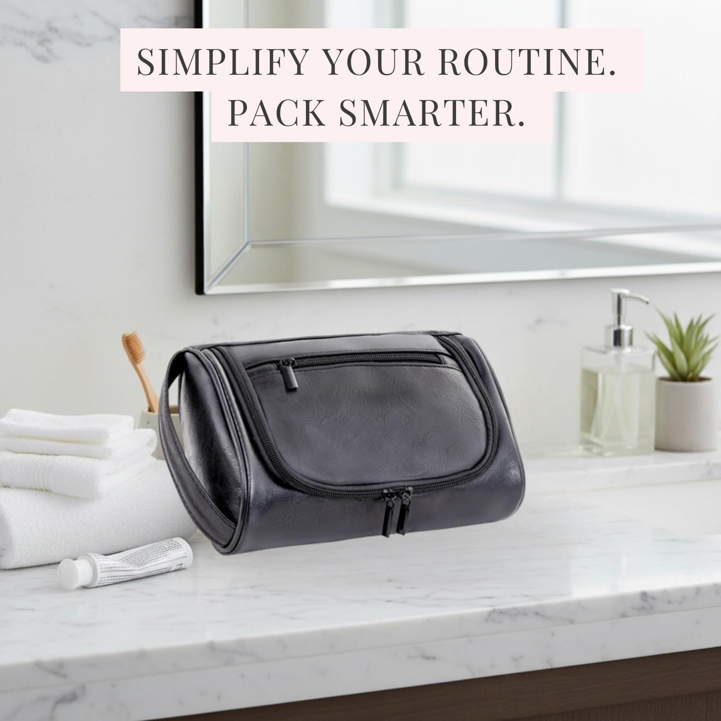 Cumbanho Mens Toiletry Bag, Compact Dopp Kit for Men Travel, PU Leather Shaving Kit, Water-Resistant Minimalist Organizer with Wrist Strap, Travel Toiletry Bag, Gift for Men,Small 9X5.9X3 Inch Black