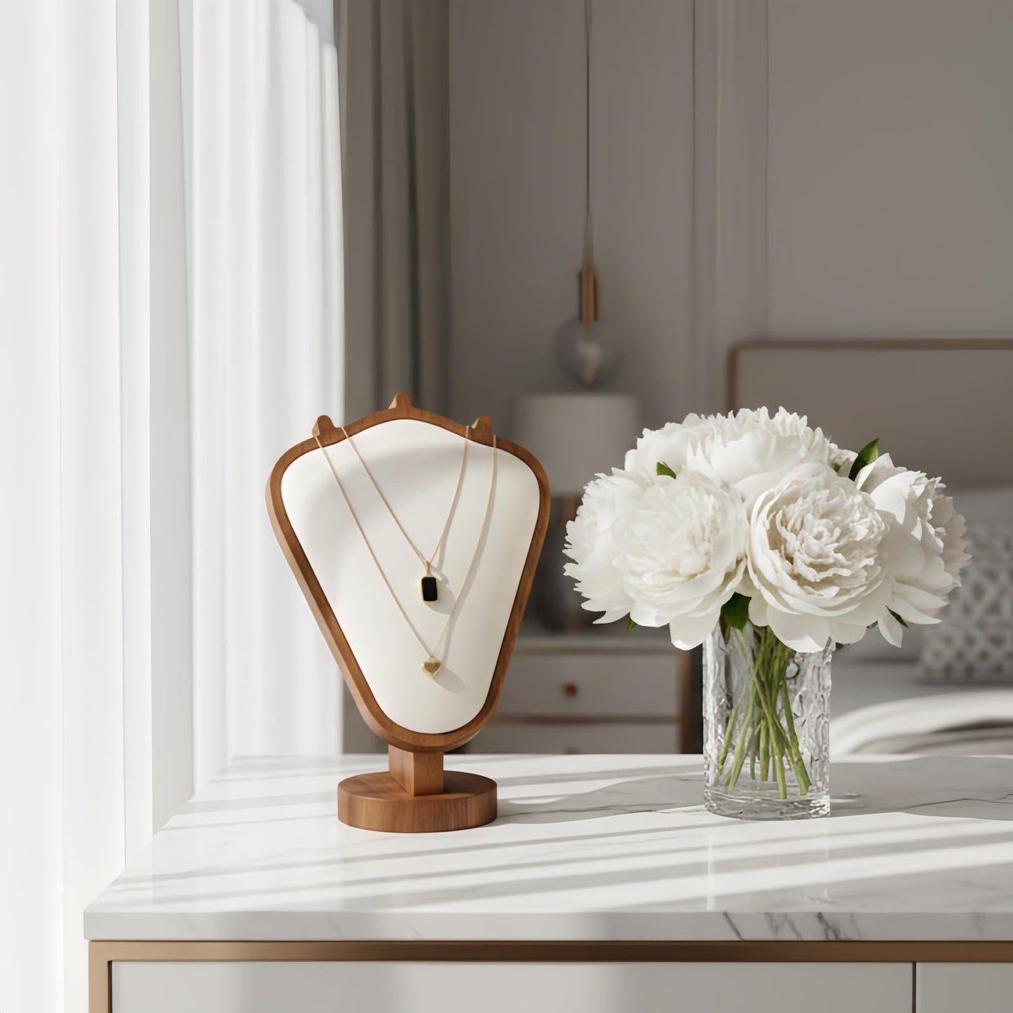 SWTOOL Walnut Color Body Wood Necklace Display Stand with White Leather Soft Mat Necklace Holder Organizer Desktop Stand for Home Store Dresser-3.3"x5.8"x8.4"
